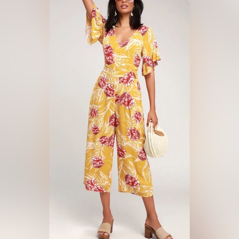NWT Lulus Garden's Glory Mustard Yellow Floral Print Culotte Jumpsuit - Picture 1 of 16